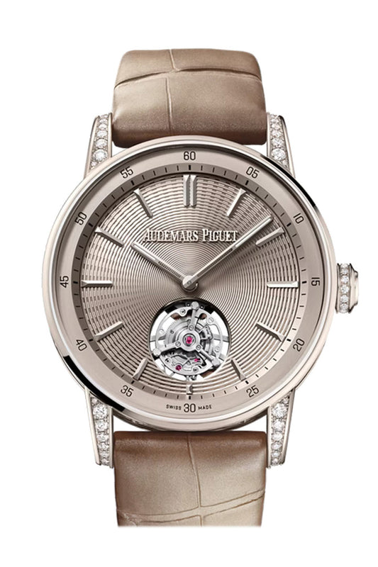 Front view of Audemars Piguet Code 11.59 38mm diamond-set sand gold watch ref. 26665SG.ZZ.D209CR.01 with matching dial and case – brand new AP available at Global Sky Diamonds – globalskydiamond.com