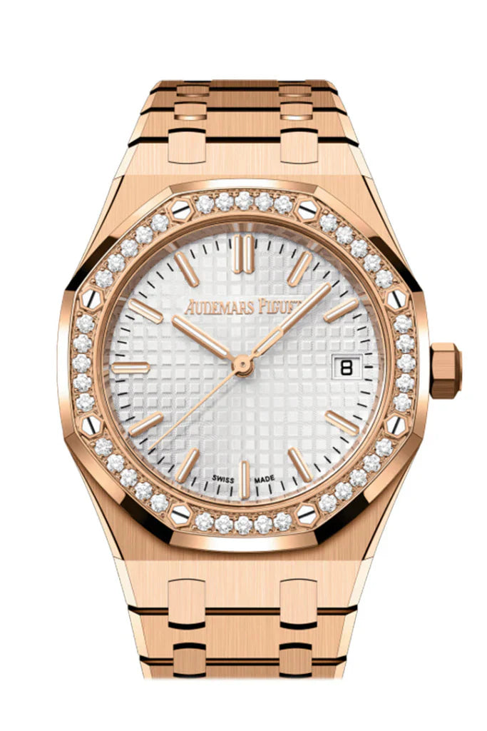 Audemars Piguet Royal Oak 34mm 18-carat pink gold watch with silver-toned Grande Tapisserie dial and factory-set diamond bezel, model 77451OR.ZZ.1361OR.01, available at globalskydiamond.com.