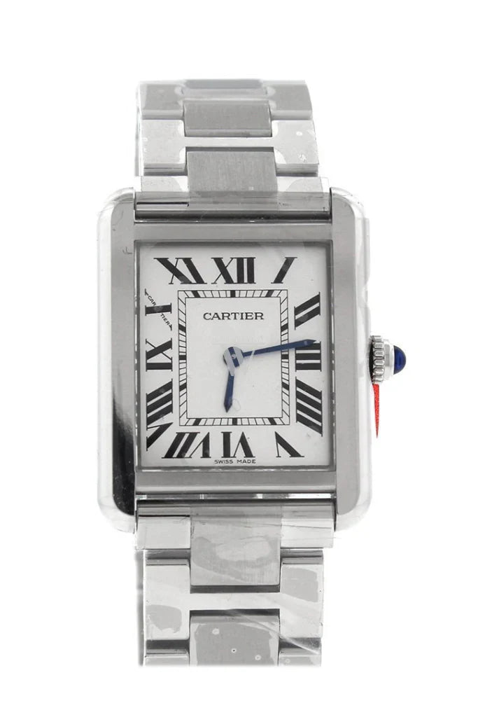 Cartier Tank Solo Small W5200013 stainless steel watch with silver opaline dial, blue sword-shaped hands, and Roman numeral hour markers – available at globalskydiamond.com, Global Sky Diamonds NYC Diamond District.