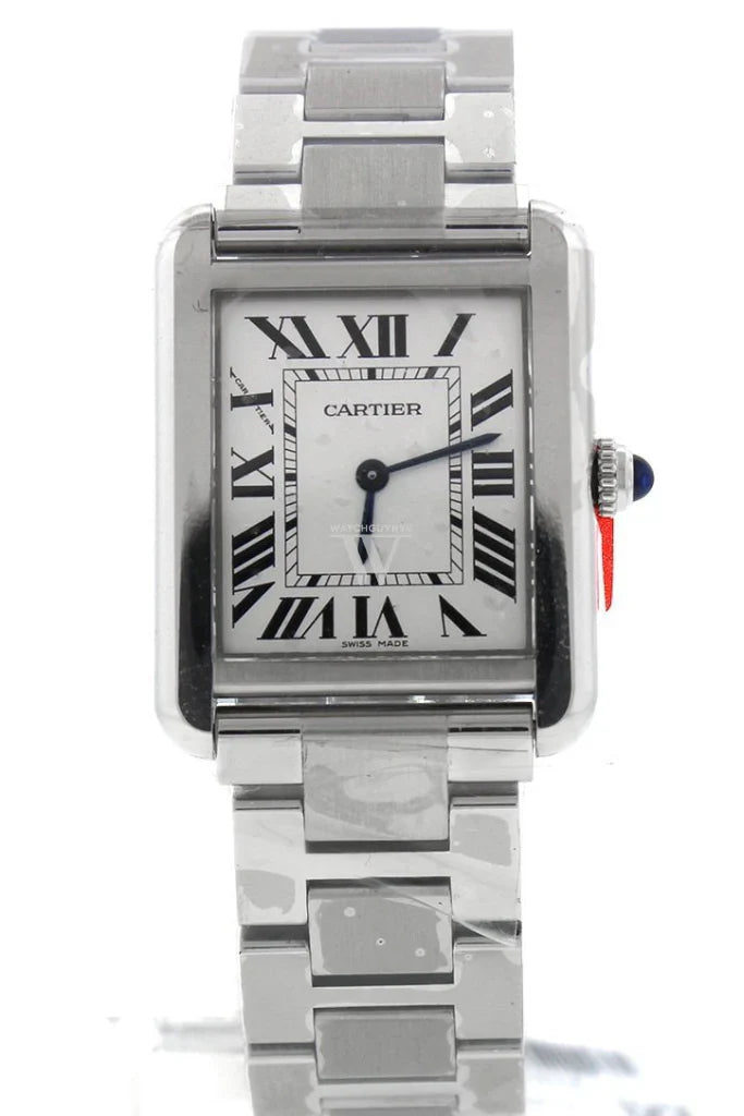 Cartier Tank Solo Small W5200013 stainless steel watch with silver opaline dial, blue sword-shaped hands, and Roman numeral hour markers – available at globalskydiamond.com, Global Sky Diamonds NYC Diamond District.