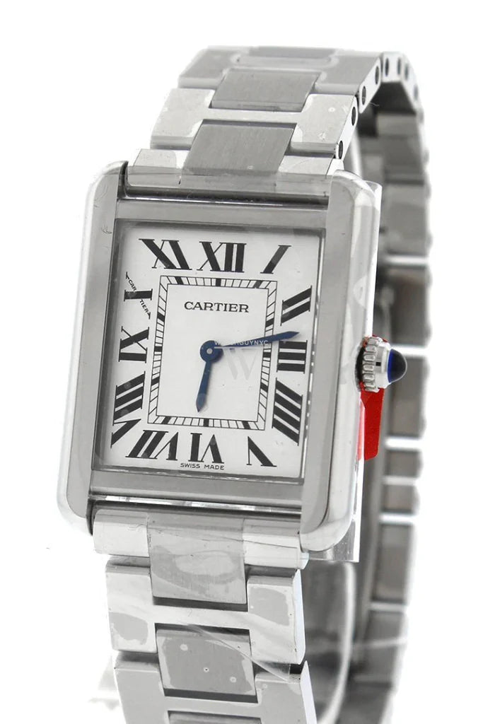 Cartier Tank Solo Small W5200013 stainless steel watch with silver opaline dial, blue sword-shaped hands, and Roman numeral hour markers – available at globalskydiamond.com, Global Sky Diamonds NYC Diamond District.