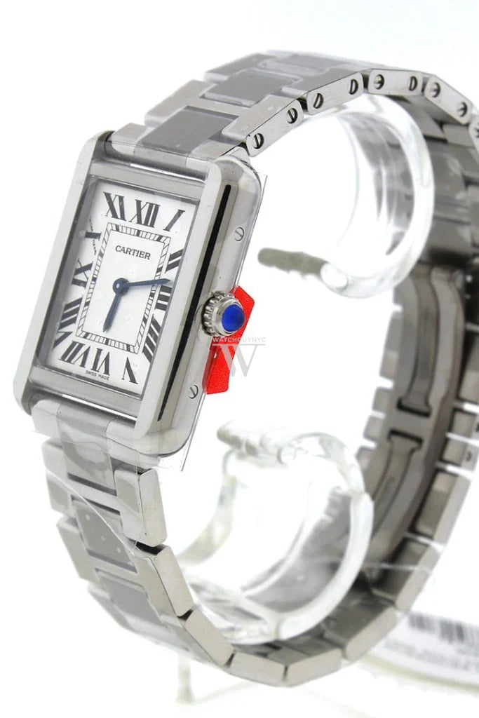 Cartier Tank Solo Small W5200013 stainless steel watch with silver opaline dial, blue sword-shaped hands, and Roman numeral hour markers – available at globalskydiamond.com, Global Sky Diamonds NYC Diamond District.