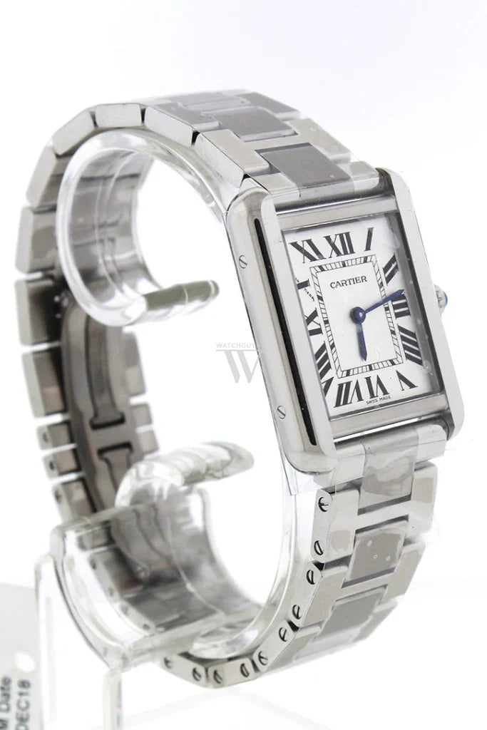 Cartier Tank Solo Small W5200013 stainless steel watch with silver opaline dial, blue sword-shaped hands, and Roman numeral hour markers – available at globalskydiamond.com, Global Sky Diamonds NYC Diamond District.