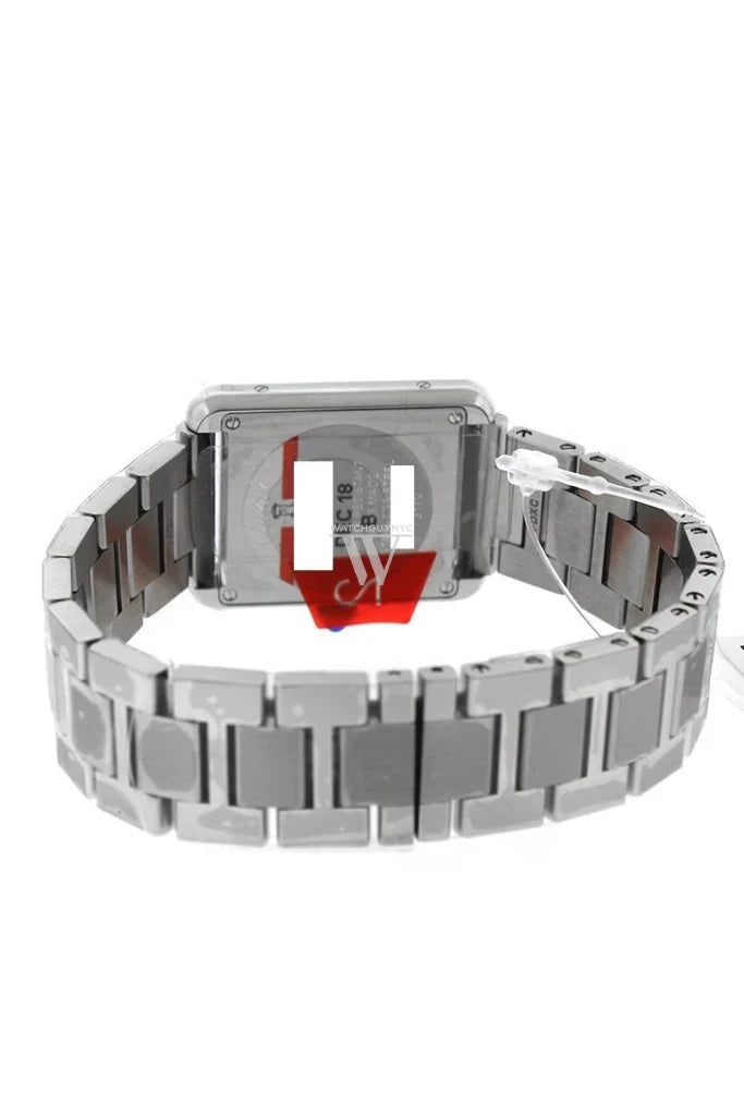 Cartier Tank Solo Small W5200013 stainless steel watch with silver opaline dial, blue sword-shaped hands, and Roman numeral hour markers – available at globalskydiamond.com, Global Sky Diamonds NYC Diamond District.