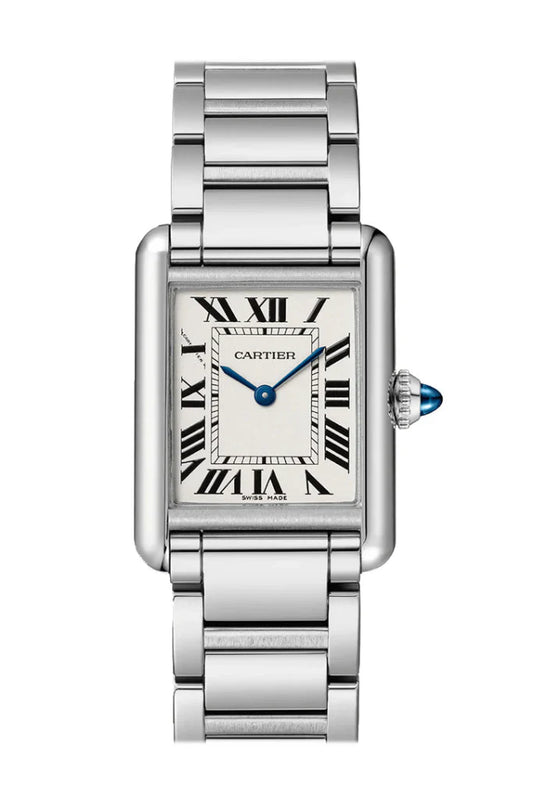 Cartier Tank Must WSTA0051 small silver dial quartz watch with stainless steel case and bracelet, blued-steel sword hands, and cabochon crown – available at globalskydiamond.com, Global Sky Diamonds in NYC Diamond District.