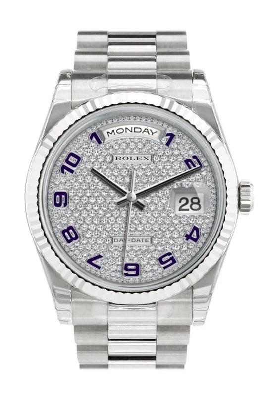Rolex Day-Date 36 white gold watch with diamond-paved dial, fluted bezel, violet Arabic numerals, and President bracelet — available at globalskydiamonds.com