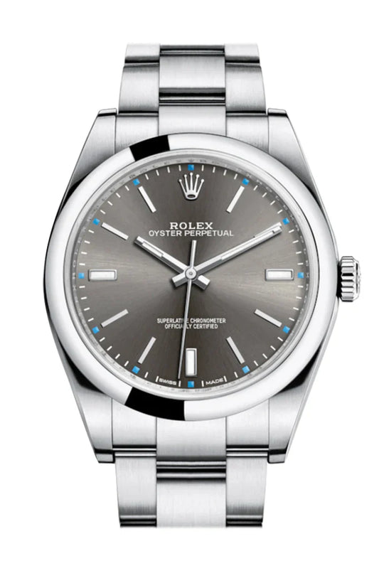Front view of Rolex Oyster Perpetual 39 men's watch 114300 with rhodium sunray dial and blue accents, stainless steel case and bracelet, available at Global Sky Diamonds – globalskydiamond.com
