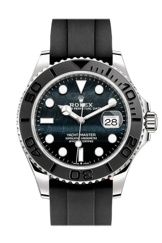 Rolex Yacht-Master 42 men’s white gold watch with rare Falcon’s Eye dial, black Cerachrom bezel, and Oysterflex strap – in stock at globalskydiamond.com, Global Sky Diamonds NYC Diamond District.