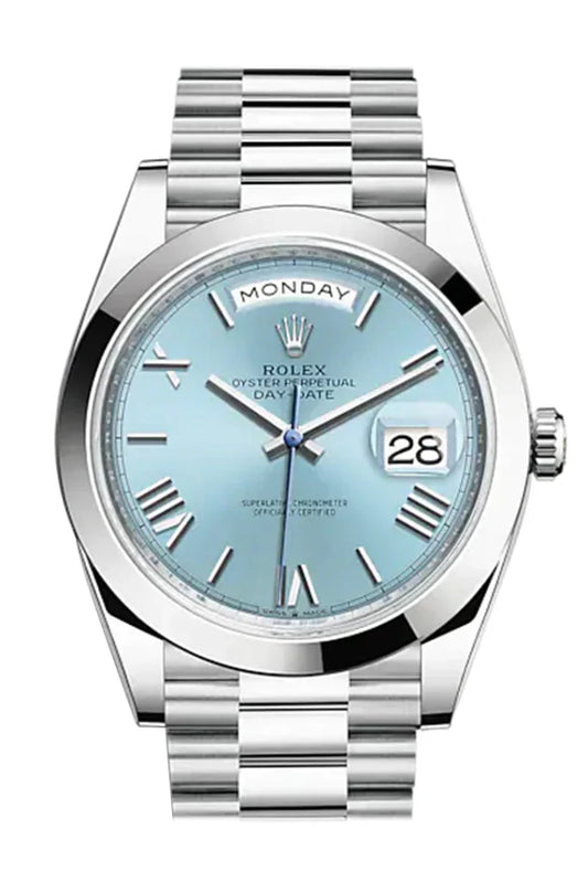 Rolex Day-Date 40 platinum watch with ice blue Roman numeral dial, President bracelet, and fluted bezel – available at globalskydiamond.com, Global Sky Diamonds in NYC's Diamond District.