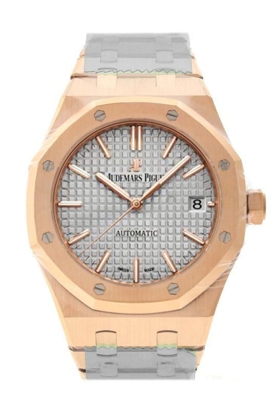 Front view of Audemars Piguet Royal Oak 15450OR.OO.1256OR.01 with nickel grey tapisserie dial and full 18k rose gold case and bracelet – brand new 37mm AP available at Global Sky Diamonds – globalskydiamond.com
