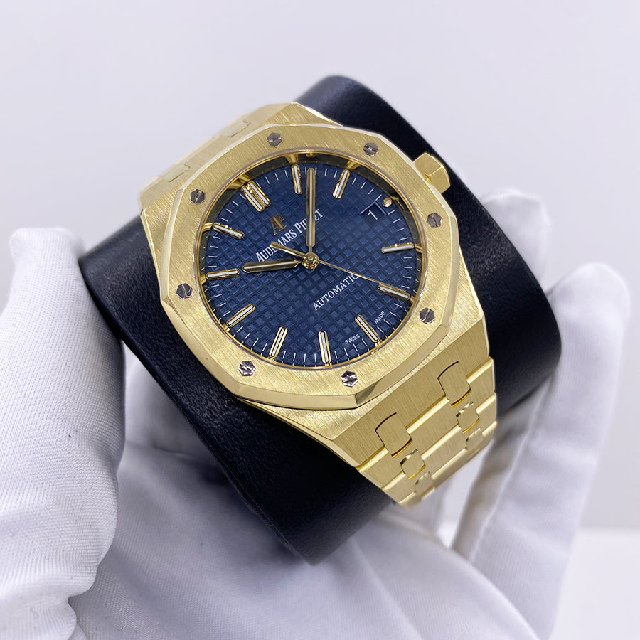 Front view of brand new Audemars Piguet Royal Oak 15450BA.OO.1256BA.02 with blue tapisserie dial and 18k yellow gold case and bracelet – 37mm AP full set available now at Global Sky Diamonds – globalskydiamond.com