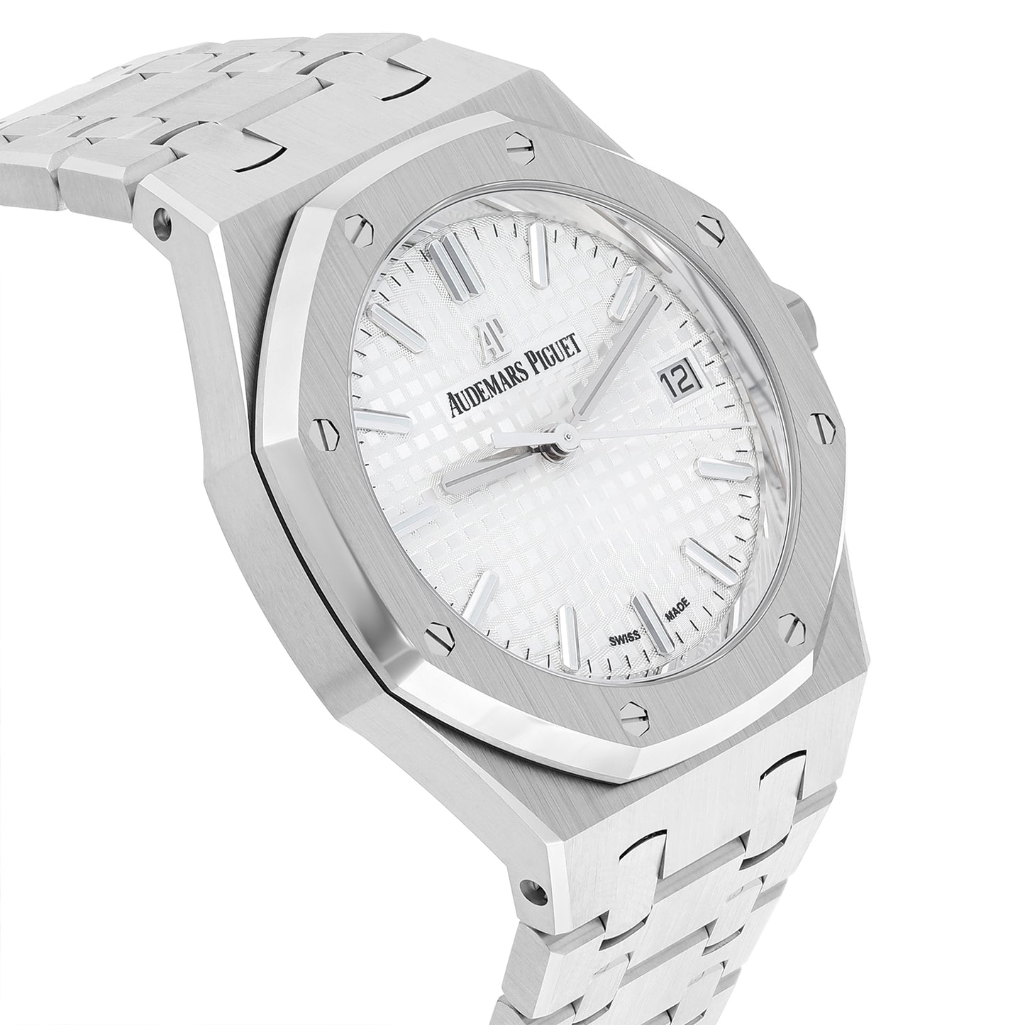 Close-up of AP Royal Oak silver “Grande Tapisserie” dial with white gold markers and octagonal bezel – 77350ST brand new full set at Global Sky Diamonds – globalskydiamond.com