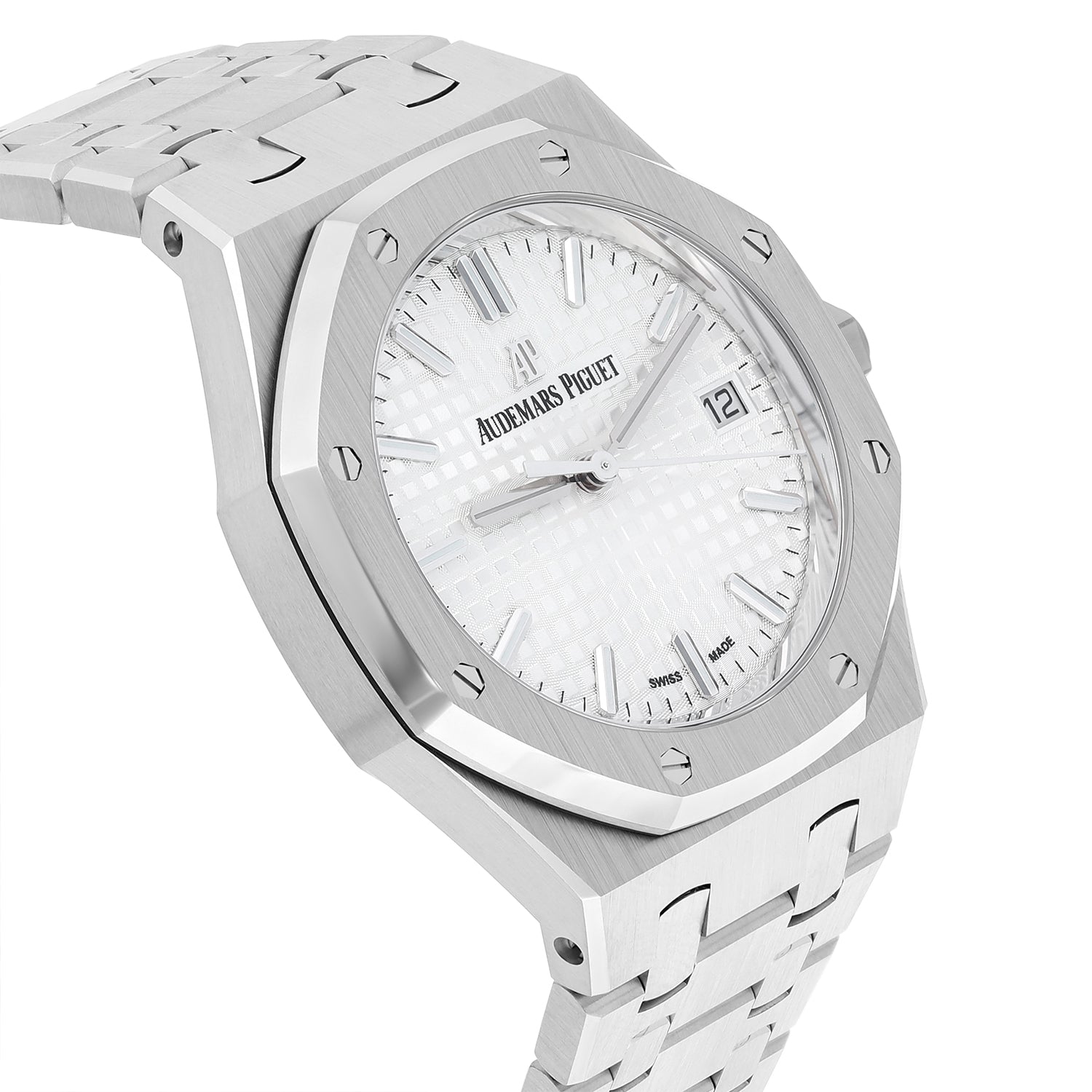 Close-up of AP Royal Oak silver “Grande Tapisserie” dial with white gold markers and octagonal bezel – 77350ST brand new full set at Global Sky Diamonds – globalskydiamond.com