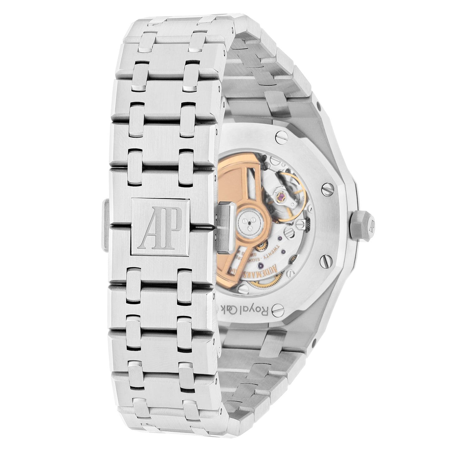 Rear view of Royal Oak 34mm showing sapphire exhibition caseback and AP Caliber 5800 movement – brand new Audemars Piguet for sale – globalskydiamond.com