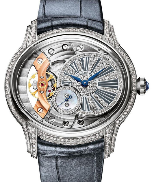 Front view of Audemars Piguet Millenary 77248BC.ZZ.A111CR.01 with mother-of-pearl Roman dial, off-center design, and full diamond-set 18k white gold case – brand new watch available at Global Sky Diamonds – globalskydiamond.com