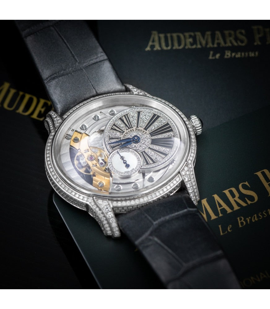 Full set display of AP Millenary 77248BC.ZZ.A111CR.01 with box, card, and diamond-set buckle – new luxury Audemars Piguet ladies watch for sale – globalskydiamond.com