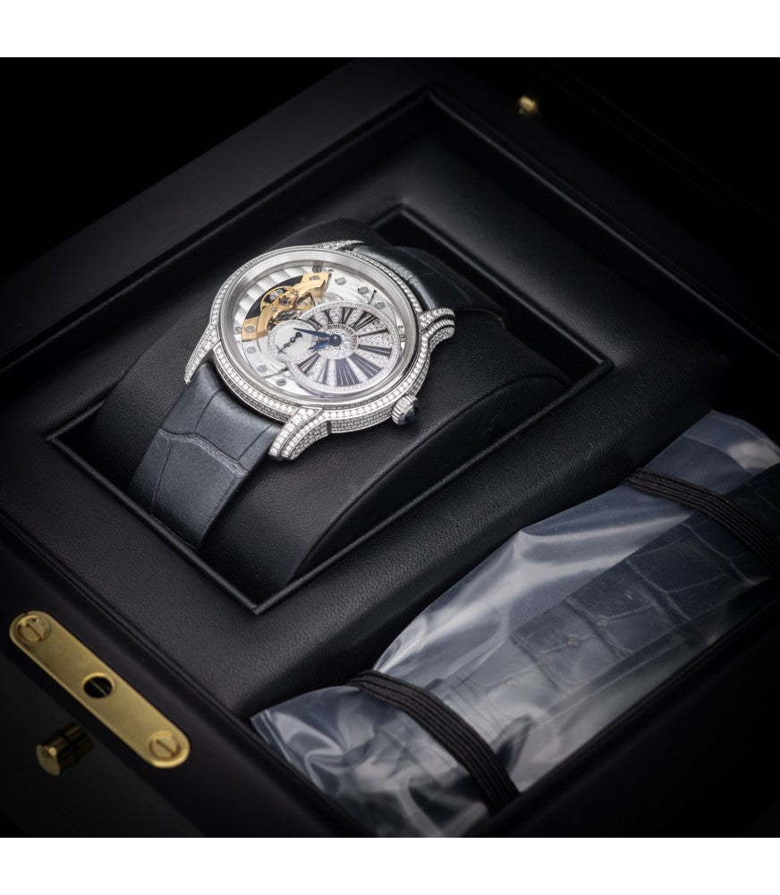Full set display of AP Millenary 77248BC.ZZ.A111CR.01 with box, card, and diamond-set buckle – new luxury Audemars Piguet ladies watch for sale – globalskydiamond.com