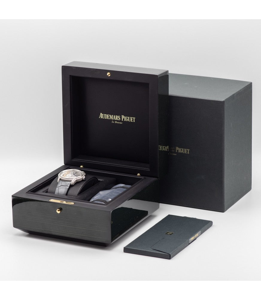 Full set display of AP Millenary 77248BC.ZZ.A111CR.01 with box, card, and diamond-set buckle – new luxury Audemars Piguet ladies watch for sale – globalskydiamond.com