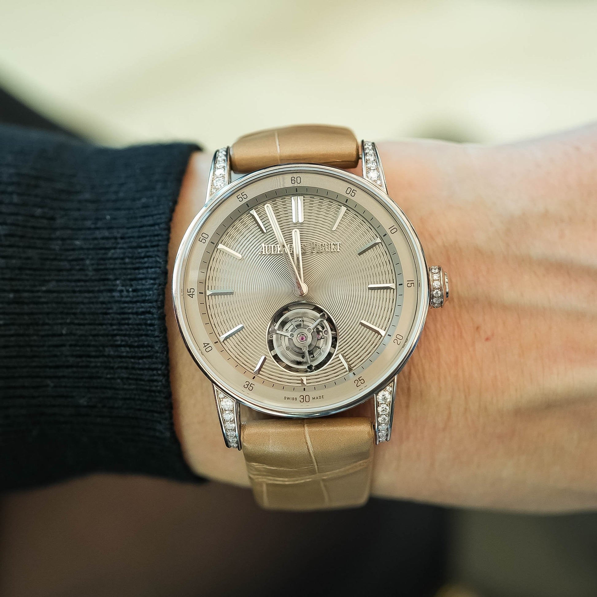 Close-up of Code 11.59 sand gold-toned dial with polished hands and applied markers under curved sapphire crystal – luxury AP women’s watch full set – globalskydiamond.com