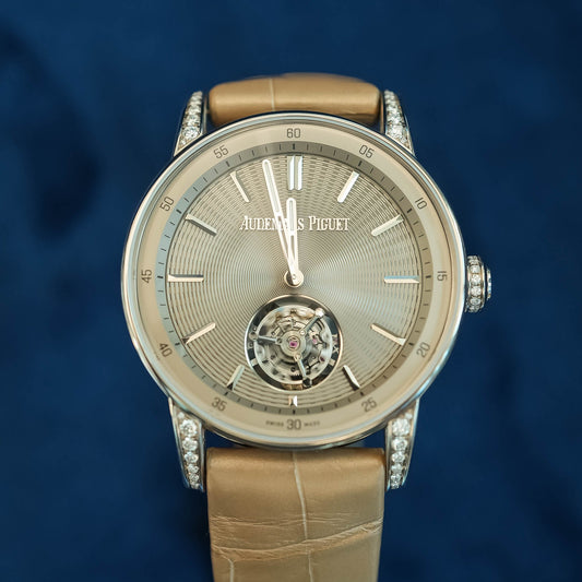 Front view of Audemars Piguet Code 11.59 38mm diamond-set sand gold watch ref. 26665SG.ZZ.D209CR.01 with matching dial and case – brand new AP available at Global Sky Diamonds – globalskydiamond.com