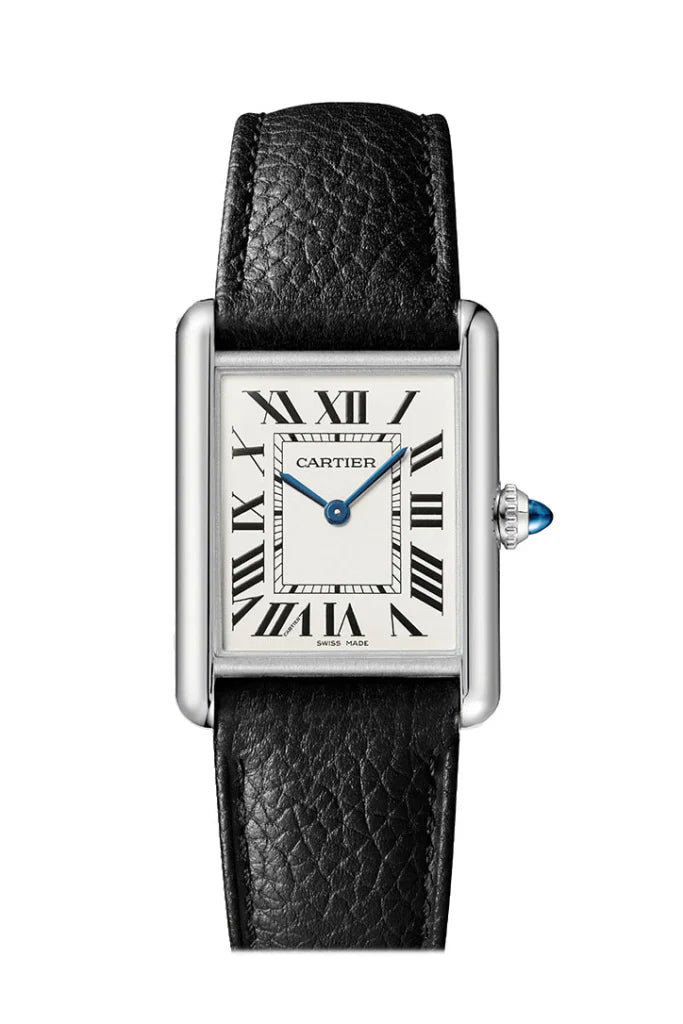 Cartier Tank Must WSTA0041 large model watch with silvered dial, high-autonomy quartz movement, stainless steel case, black leather strap, and blue cabochon crown, available at globalskydiamond.com in NYC’s Diamond District
