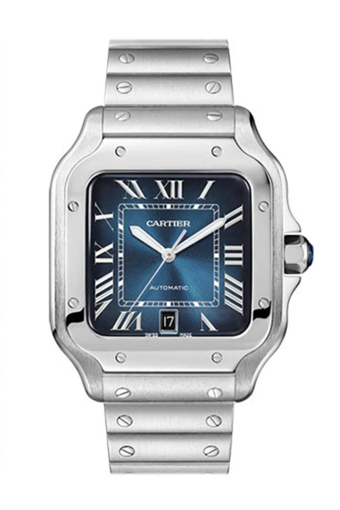 Alt Text:
Cartier Santos De Cartier WSSA0030 men's watch featuring a striking blue sunray dial, stainless steel case and bracelet, automatic movement, and signature exposed screws, available at globalskydiamond.com in the Diamond District NYC
