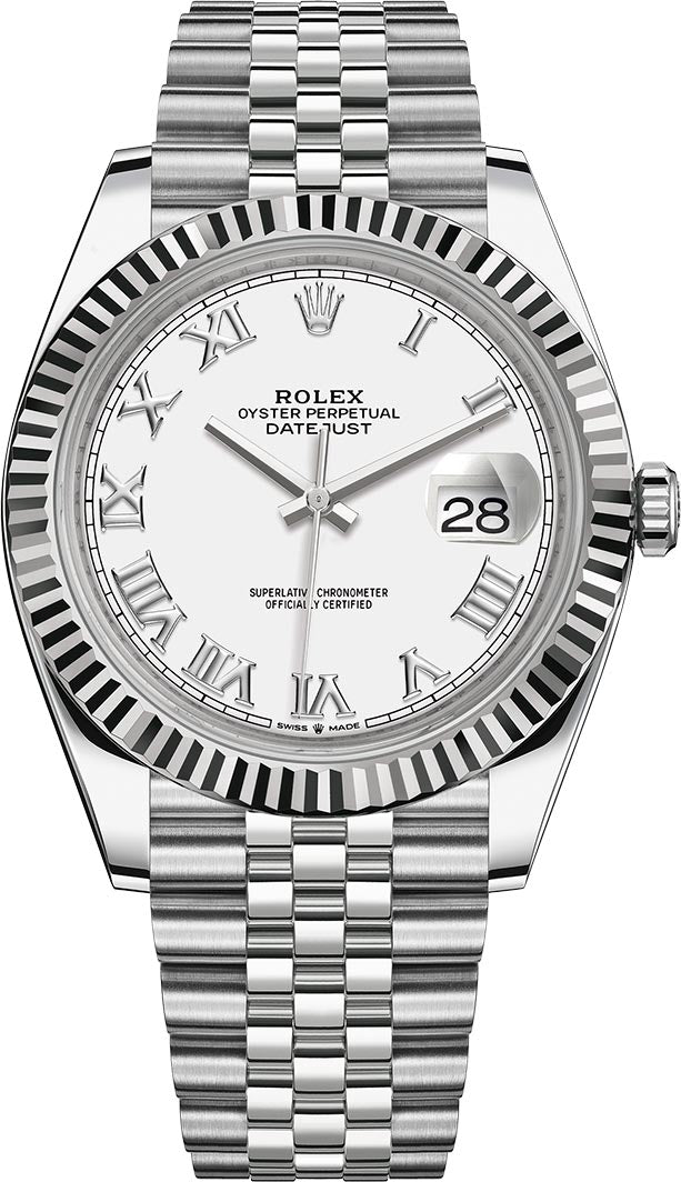 Close-up of Rolex Datejust 41mm white dial with Roman numeral hour markers and fluted bezel – pre-owned Rolex 126334 in mint condition with Jubilee bracelet – globalskydiamond.com – NYC Diamond District