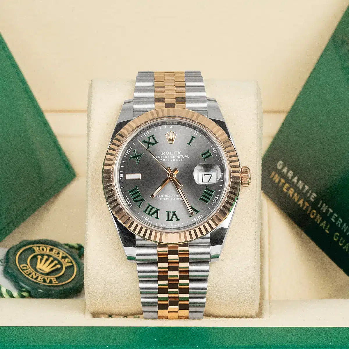 Close-up of Rolex Datejust 126331 Wimbledon dial with slate grey background and green Roman numerals – pre-owned 2025 Rolex in mint condition with fluted bezel and Jubilee bracelet – available at Global Sky Diamonds – globalskydiamond.com