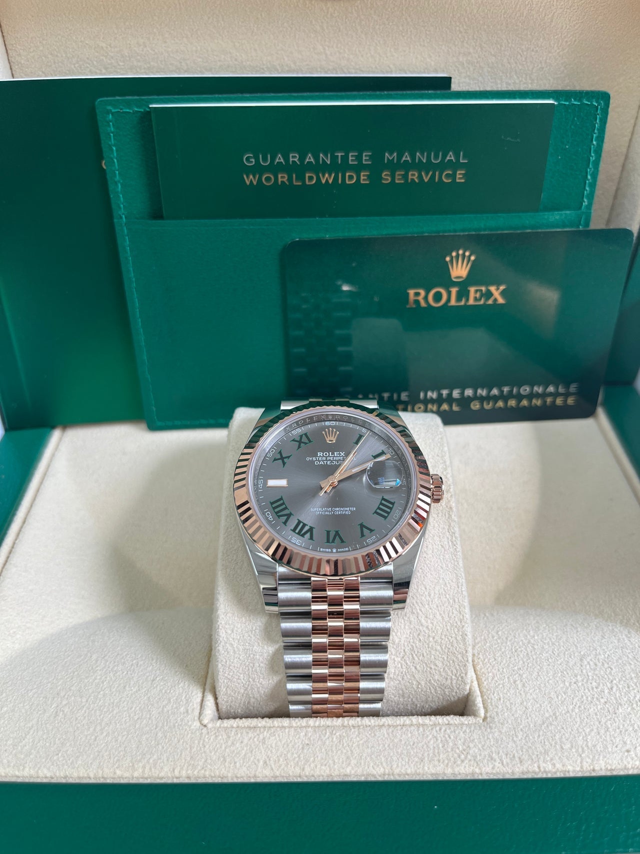 Complete Rolex 126331 Wimbledon set including box, warranty card, booklet, and certificate – pre-owned Rolex in pristine condition for sale at globalskydiamond.com – Diamond District NYC