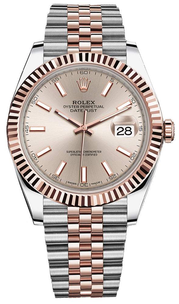 Front view of pre-owned Rolex Datejust 41mm model 126331 with Sundust dial, fluted 18k Everose gold bezel, and two-tone Jubilee bracelet – like-new 2025 Rolex available now at Global Sky Diamonds – globalskydiamond.com