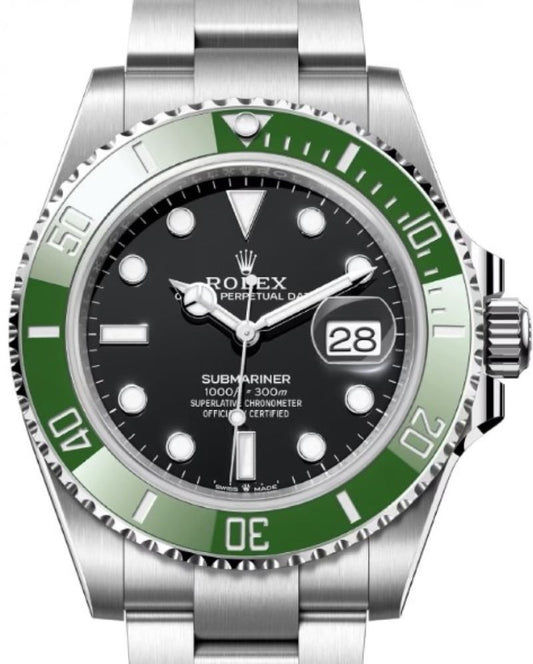 Front view of pre-owned Rolex Submariner 41mm 126610LV “Starbucks” with black dial and green ceramic bezel – like-new 2025 condition with box and papers available at Global Sky Diamonds – globalskydiamond.com