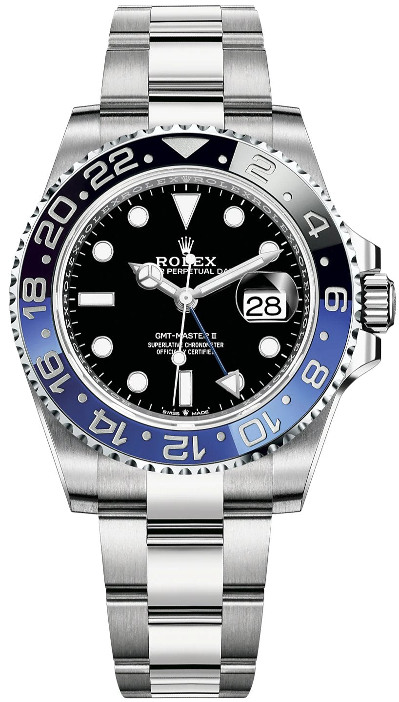 Front view of pre-owned Rolex GMT-Master II 116710BLNR Batman with black and blue bezel and Oyster bracelet – 2018 full set with box and appraisal papers available at Global Sky Diamonds for $13,500 – globalskydiamond.com