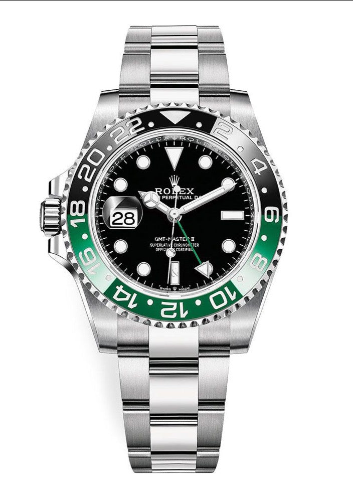 Front view of pre-owned brand new Rolex GMT-Master II 126720VTNR Sprite with green and black ceramic bezel, Jubilee bracelet, and left-hand crown – full 2025 set available at Global Sky Diamonds for $18,000 – globalskydiamond.com