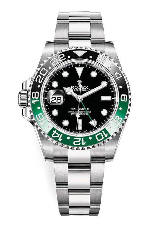 Front view of pre-owned brand new Rolex GMT-Master II 126720VTNR Sprite with green and black ceramic bezel, Jubilee bracelet, and left-hand crown – full 2025 set available at Global Sky Diamonds for $18,000 – globalskydiamond.com