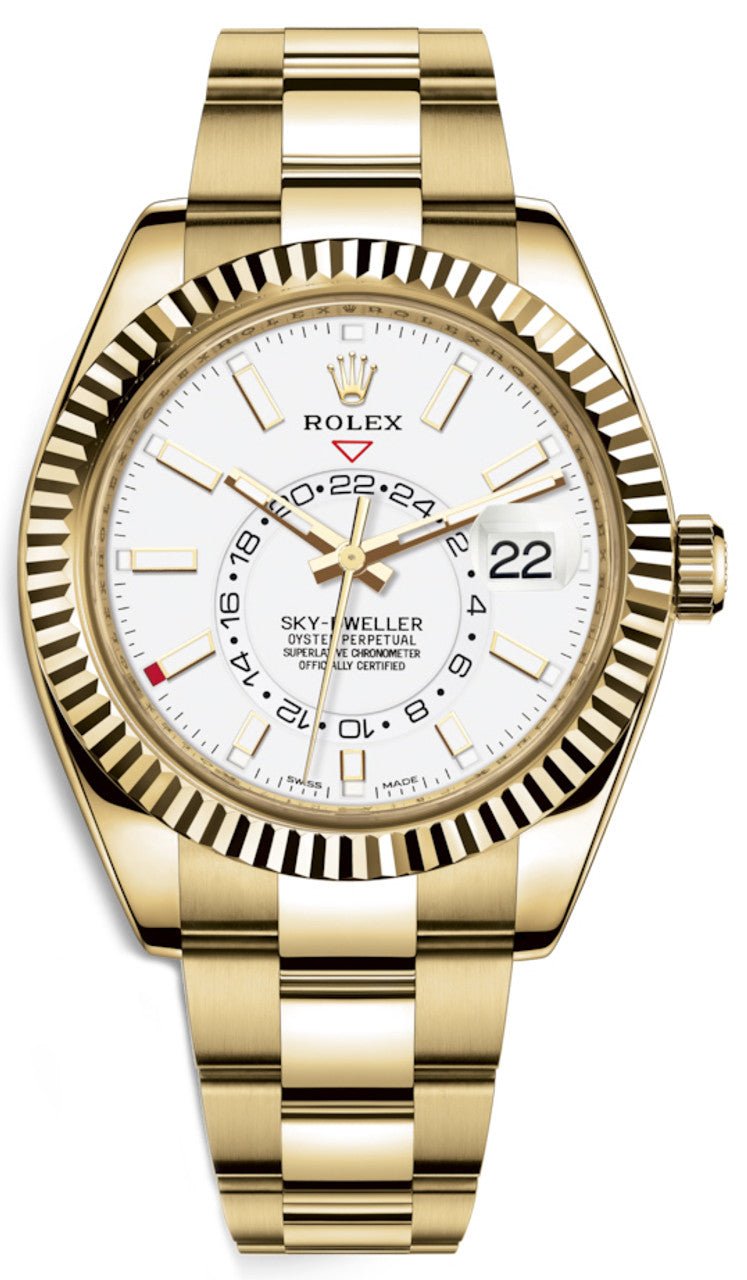 Front view of pre-owned brand new Rolex Sky-Dweller two-tone yellow gold with white stick dial, fluted bezel, and Oyster bracelet – 2025 full set available at Global Sky Diamonds for $18,000 – globalskydiamond.com
