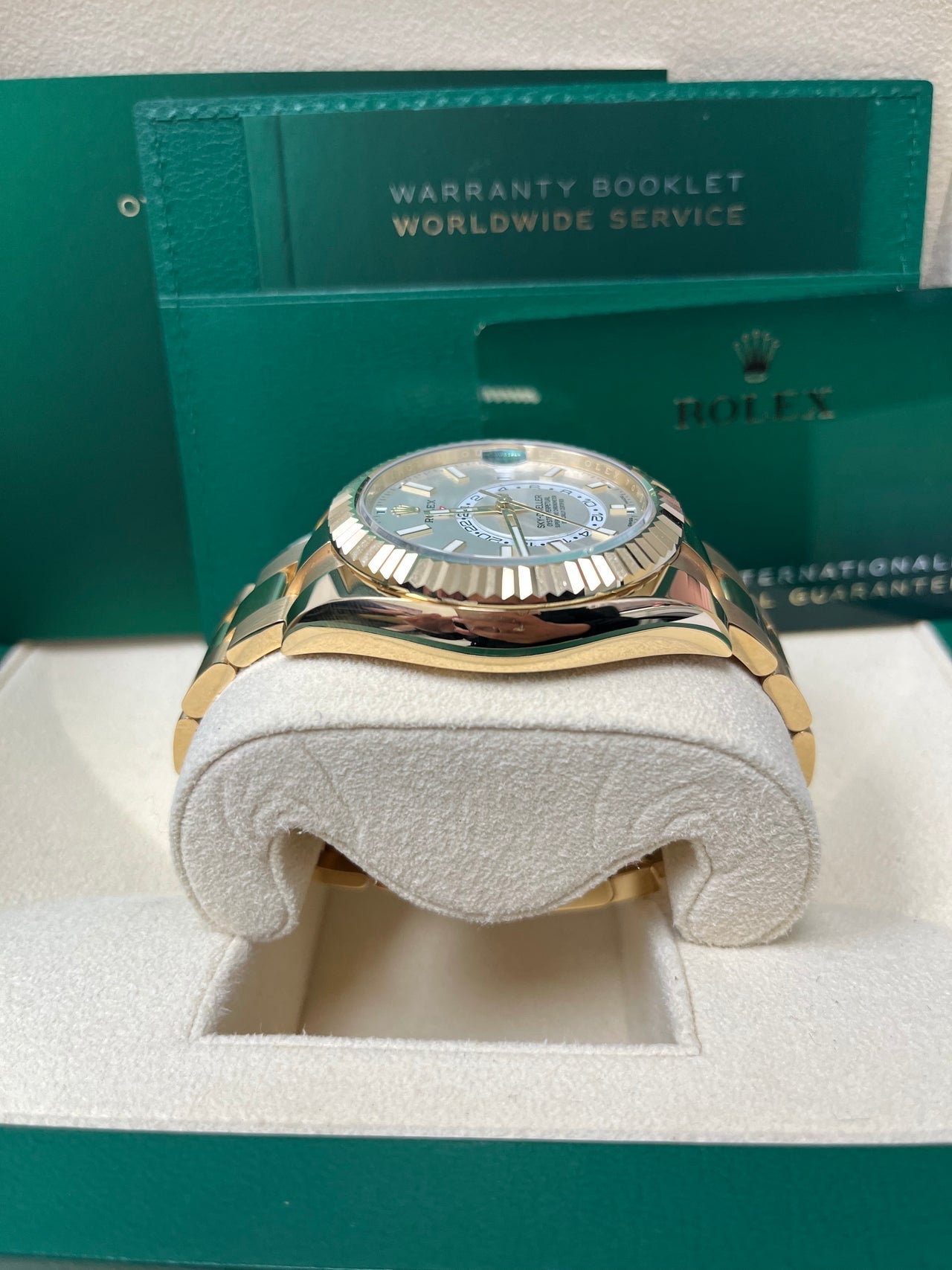 Side profile of Rolex Sky-Dweller with Triplock crown, polished lugs, and Oyster bracelet – 2025 full set available now for $18,000 from Global Sky Diamonds – globalskydiamond.com