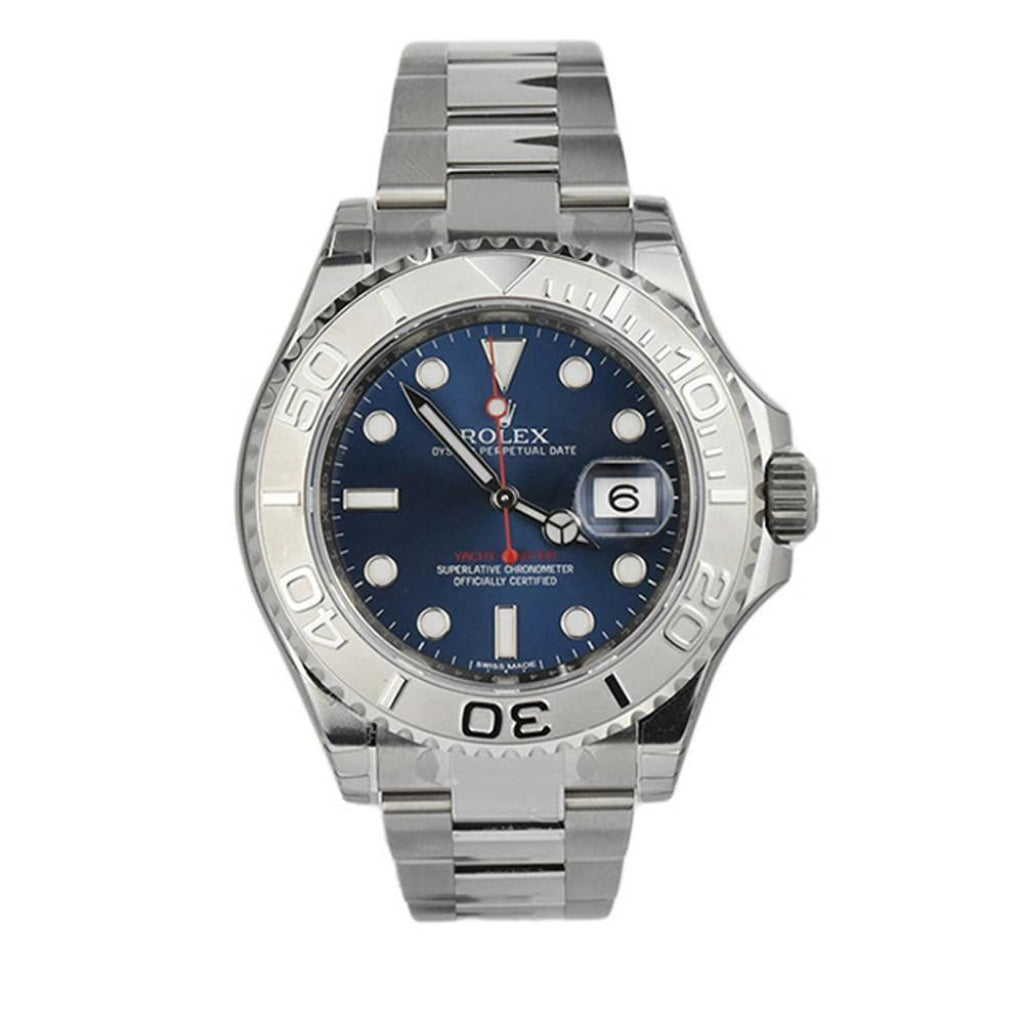 Rolex Yacht-Master 40mm Blue Dial Men's Watch 116622 with stainless steel Oyster case and bracelet, bidirectional platinum bezel, luminous hands, dot hour markers, sapphire crystal, automatic movement, date window at 3 o’clock, and Oysterlock clasp—never worn, 100% authentic with Rolex box and warranty card, available now at Global Sky Diamonds in New York City’s Diamond District at 44 W 47th St Booth GF-10. Includes 3-year warranty and fast delivery. Shop luxury watches at globalskydiamond.com.