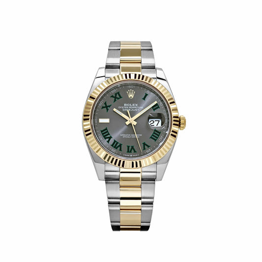 Front view of pre-owned Rolex Datejust 41mm model 126331 in like-new condition with two-tone yellow Rolesor Jubilee bracelet, fluted 18k yellow gold bezel, and Wimbledon Roman dial – full Rolex set available at Global Sky Diamonds – globalskydiamond.com