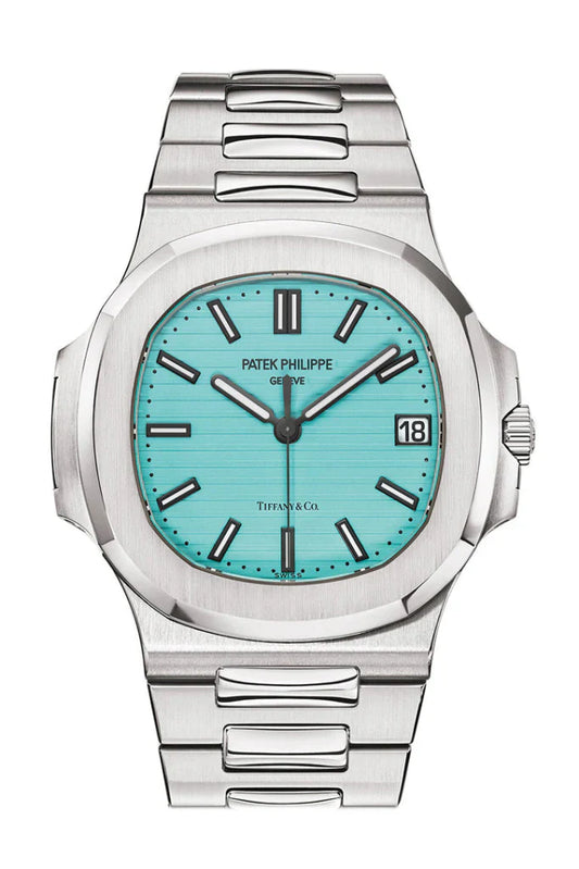 Front view of Patek Philippe Nautilus 5711/1A-018 Tiffany Blue dial stainless steel watch at Global Sky Diamonds, NYC Diamond District