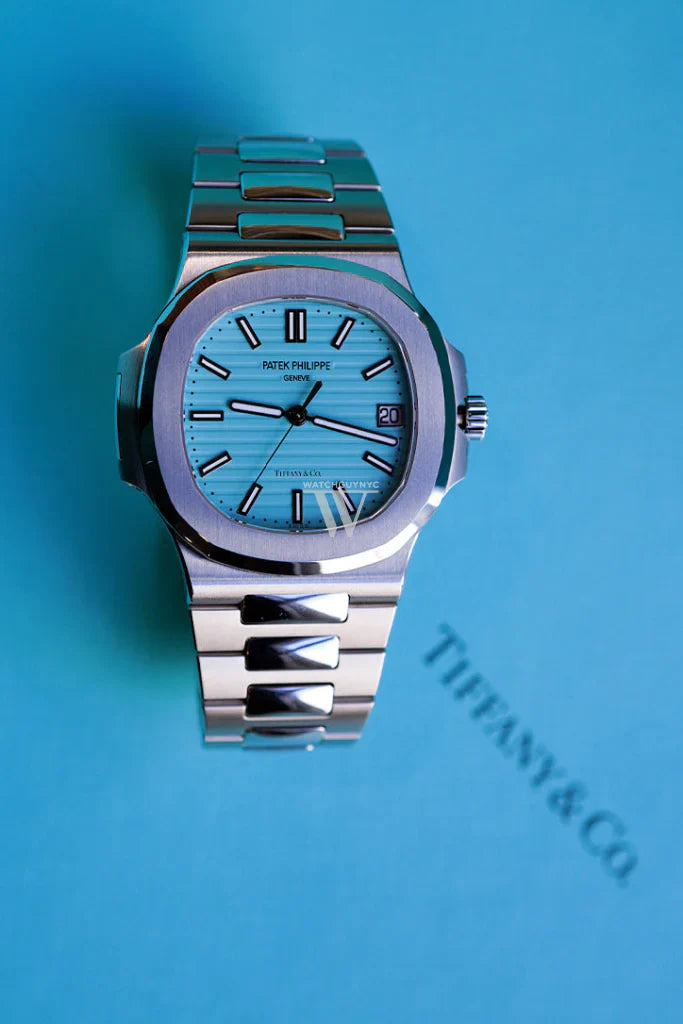 Luxury wristwatch Patek Philippe Tiffany Blue 5711/1A-018 in stainless steel, photographed at 44 W 47th St Booth GF-10, Diamond District NYC - glbalskydiamond.com