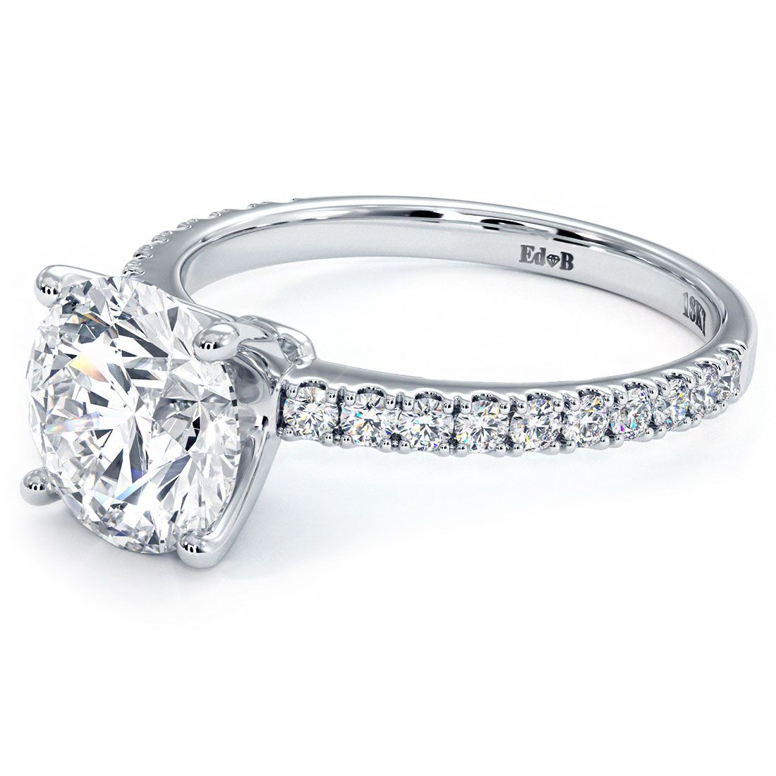 Close angled shot of 18k white gold engagement ring with round brilliant diamond, petite micro prong setting (0.42ctw), Global Sky Diamonds NYC Diamond District, 44W 47th St GF-10, shop globalskydiamond.com, follow @global.sky.diamond TikTok