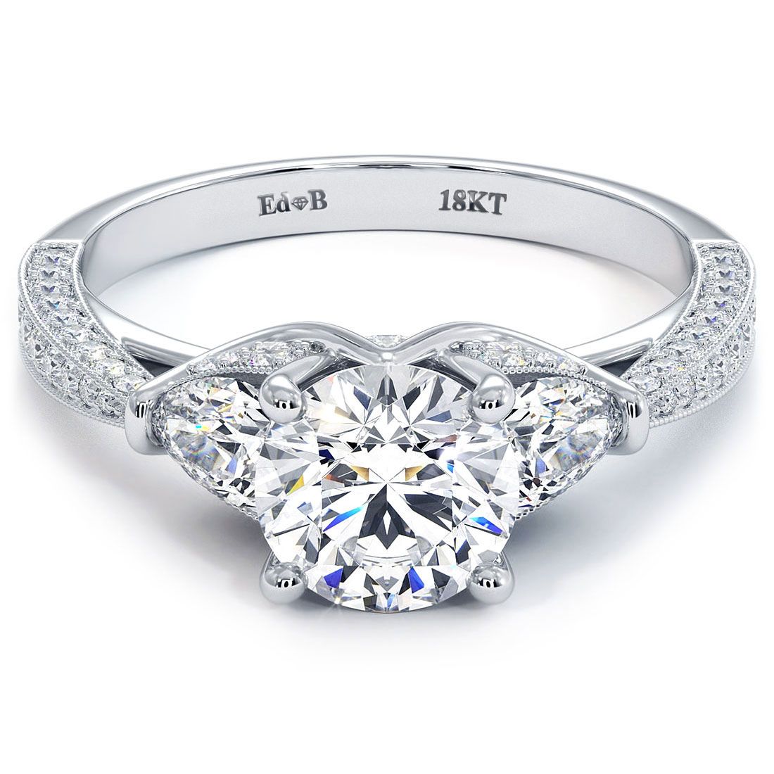 Round three stone diamond engagement ring with milgrain detail in 18k white gold, vintage setting | Global Sky Diamonds
