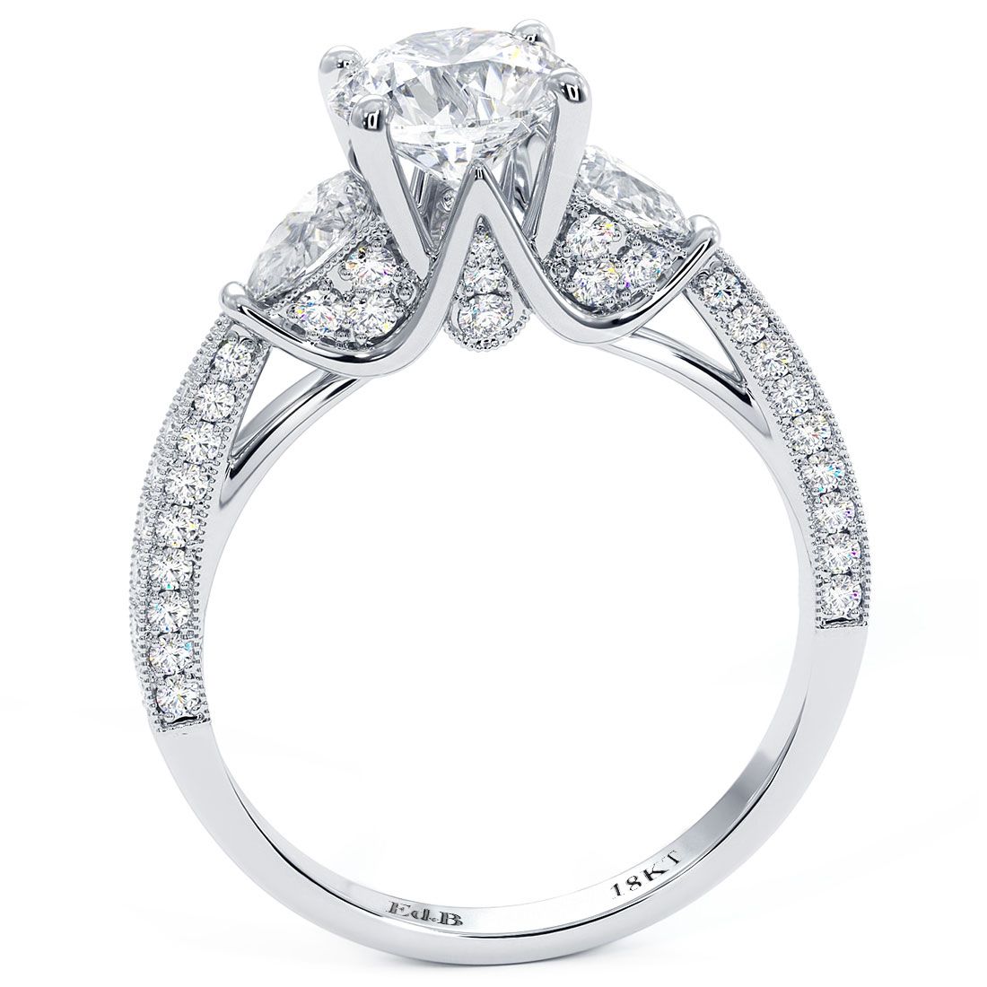 Side profile view of round center three stone vintage diamond ring in 18k white gold, pavé band | Mazalito style