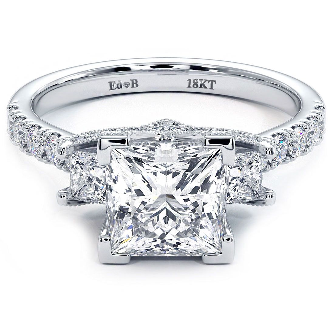 Princess cut three stone diamond engagement ring setting in 18k white gold, 1.05ctw – elegant bridal jewelry by Global Sky Diamonds, Diamond District NYC.