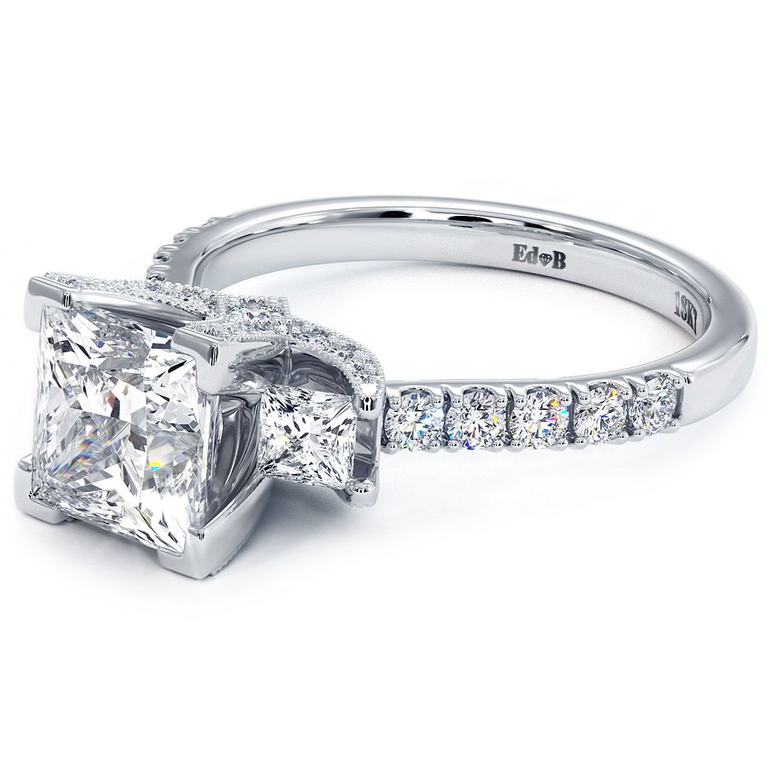 Luxury three stone princess cut diamond engagement ring setting in 18k white gold – handcrafted by Global Sky Diamonds, NYC Diamond District.