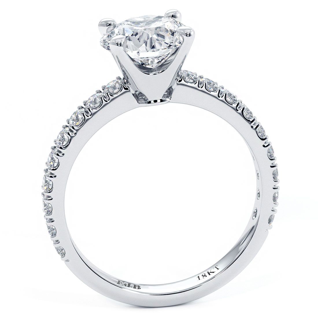 Side view of round brilliant diamond ring with micro prong setting in 18k white gold, fine detail from globalskydiamond.com