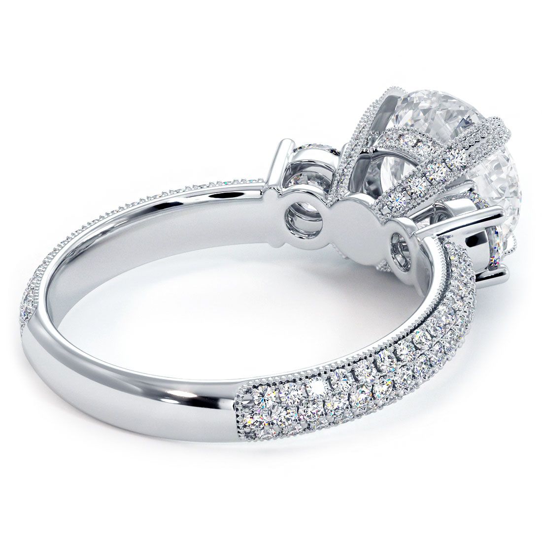 Underside detail of an 18k white gold three-stone micropavé diamond ring setting with high-polish finish and luxurious craftsmanship – GlobalSkyDiamond.com | #LuxuryRings #Mazalito