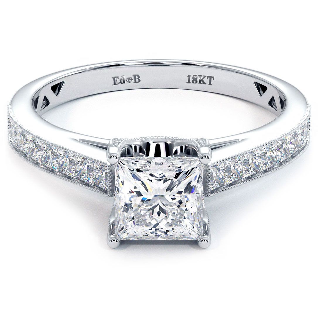 Princess cut cathedral diamond engagement ring in 18k white gold with milgrain and channel-set diamonds – Global Sky Diamonds Mazalito design from the Diamond District. Shop now at GlobalSkyDiamonds.com.