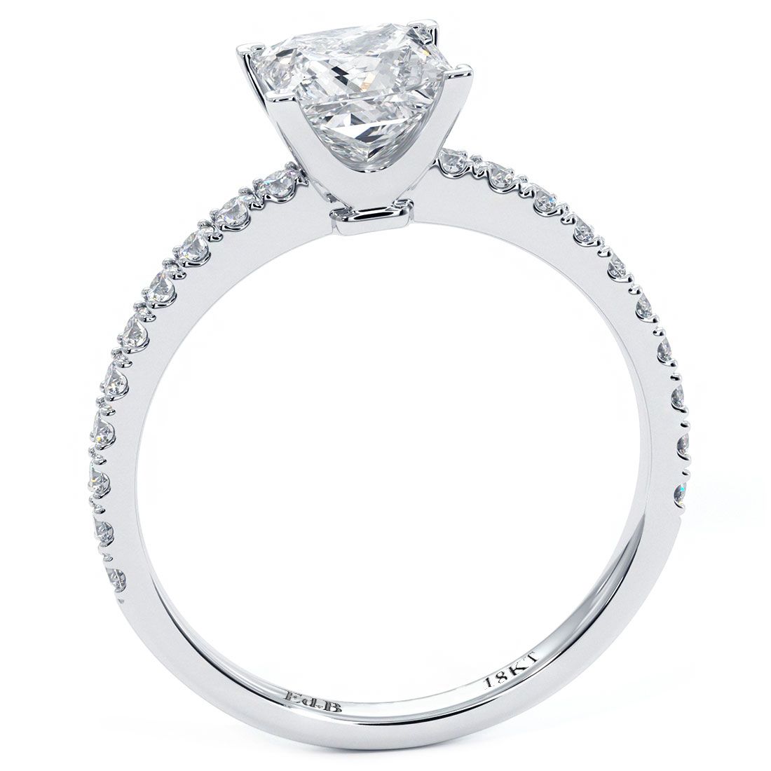 Side view of princess cut diamond engagement ring with 18k white gold band and delicate micro prong diamonds — timeless craftsmanship from Mazalito in NYC’s Diamond District.