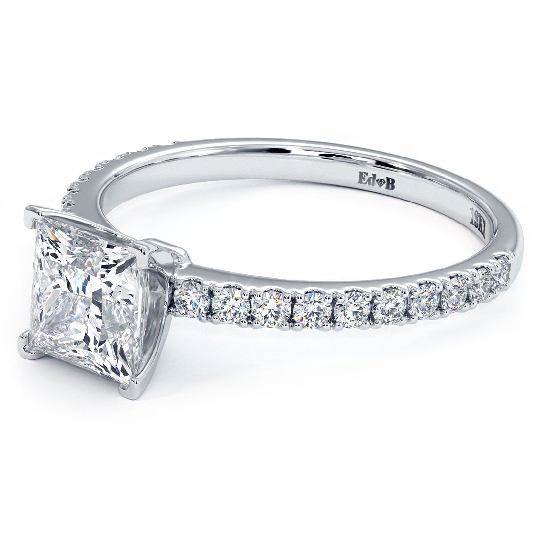 Princess cut engagement ring with micro prong set diamonds on a white gold band, showcasing brilliance and elegance — designed in the heart of the Diamond District by Mazalito.